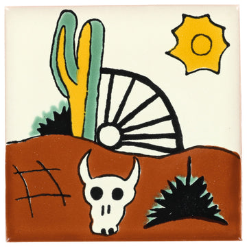 4.25"x4.25" Talavera Mexican Handmade Ceramic Tile, Cactus & Bull, Set of 45