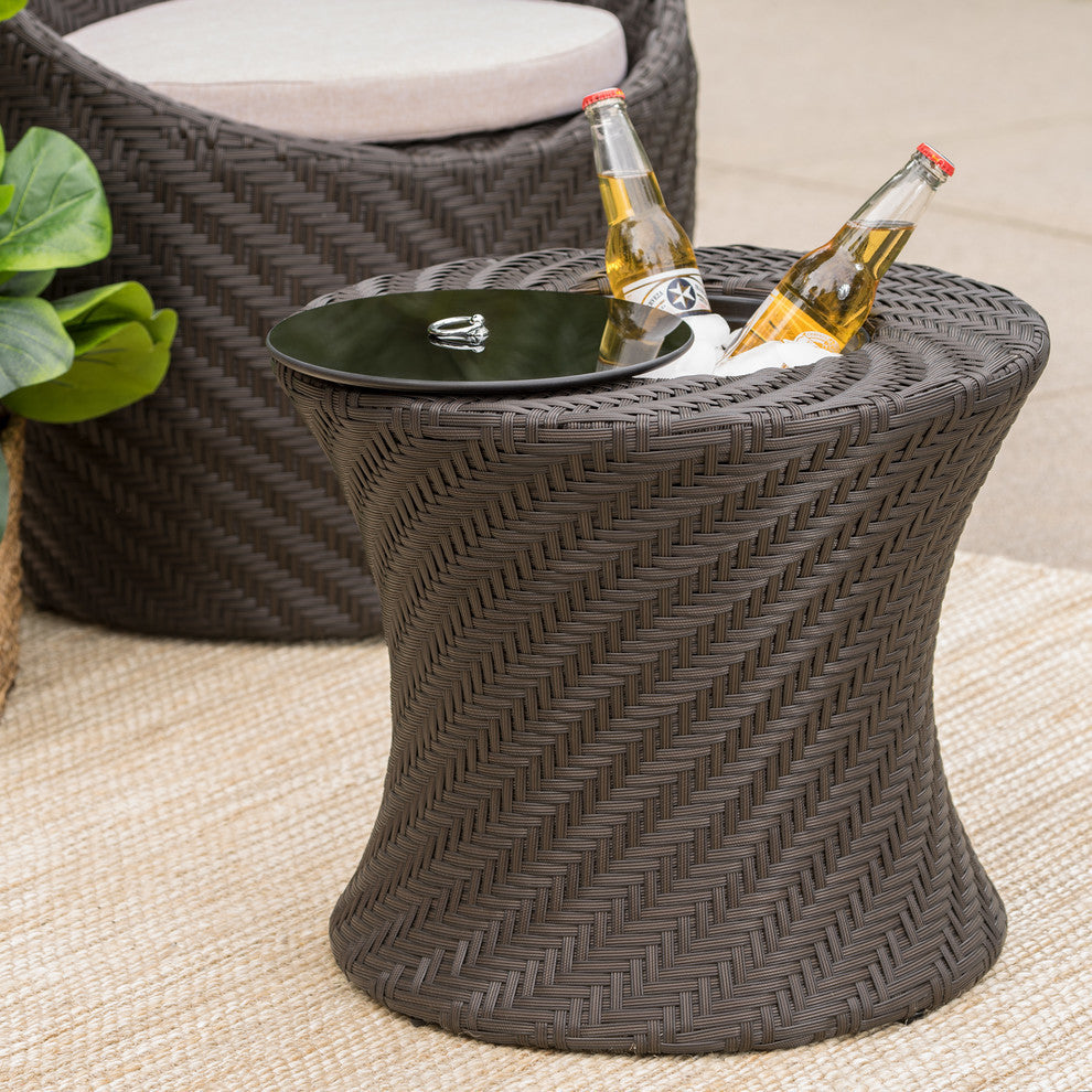 GDF Studio Belen Outdoor Brown Wicker Accent Table With Ice Bucket