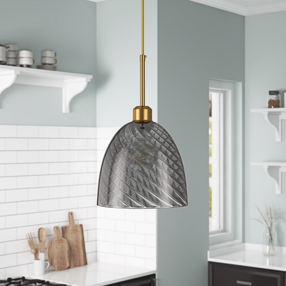 Modern Brushed Bronze 1-Light Smoke Grey Striped Glass Pendant Light