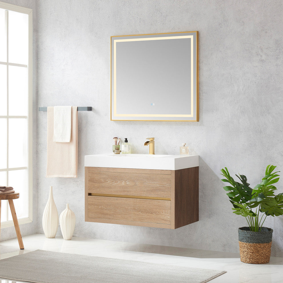 Palencia Floating Bath Vanity With Composite Stone Top, North American Oak, 36", No Mirror