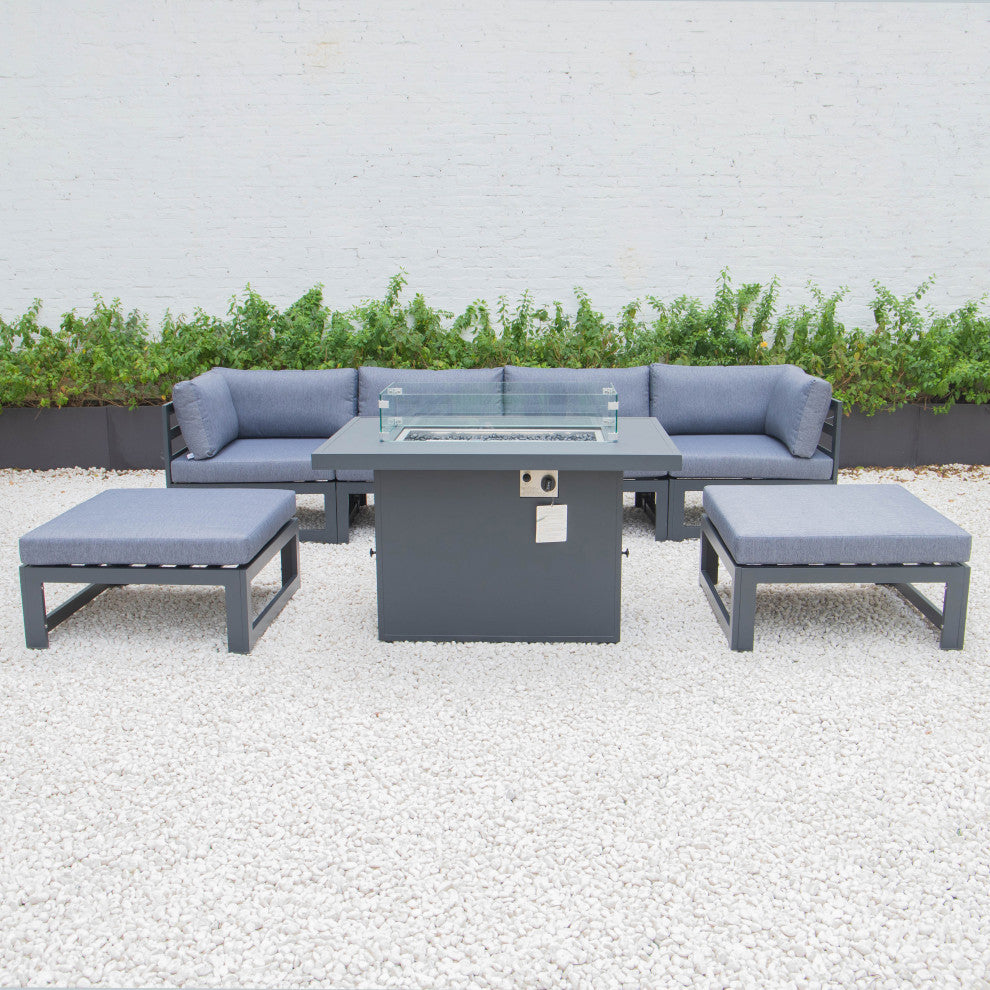 LeisureMod Chelsea 7-Piece Outdoor Sectional With Fire Pit Table, Blue