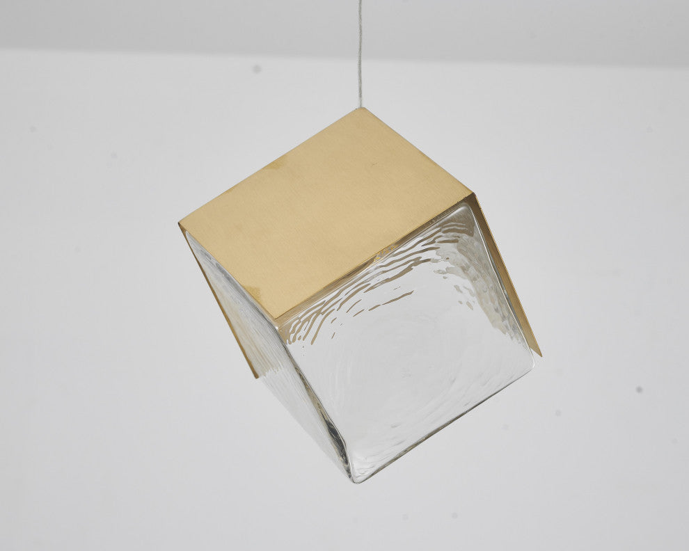 1-Light Brass Cubed Pendant With A Clear Distorted Glass Shade