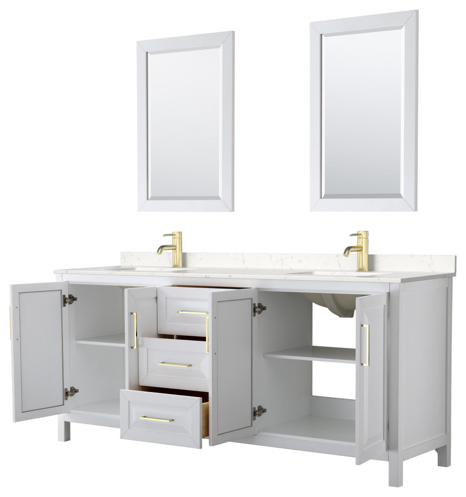80"DBL Vanity White, Light-Vein Carrara Cult. Top, Sinks, 24"Mirrors, Gold Trim