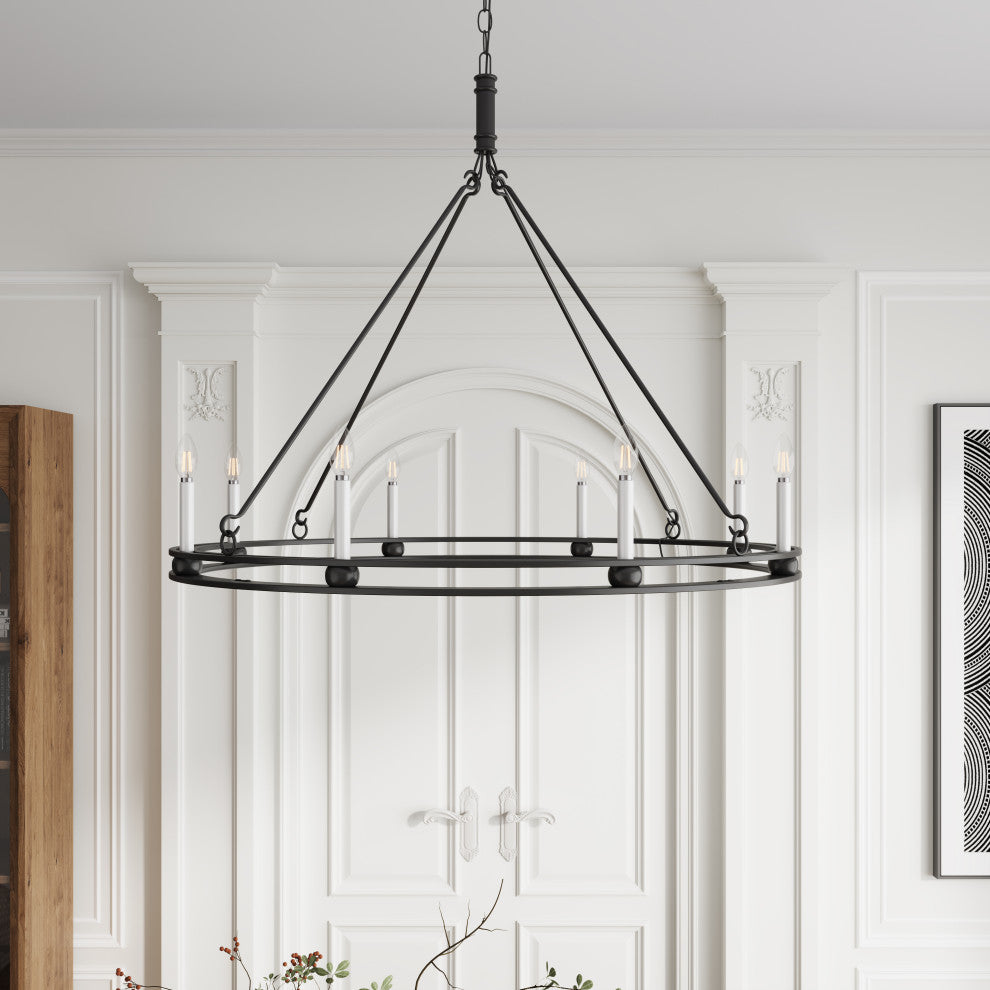 Industrial Black 8-Light Large Round Candle Chandelier for Dining Room
