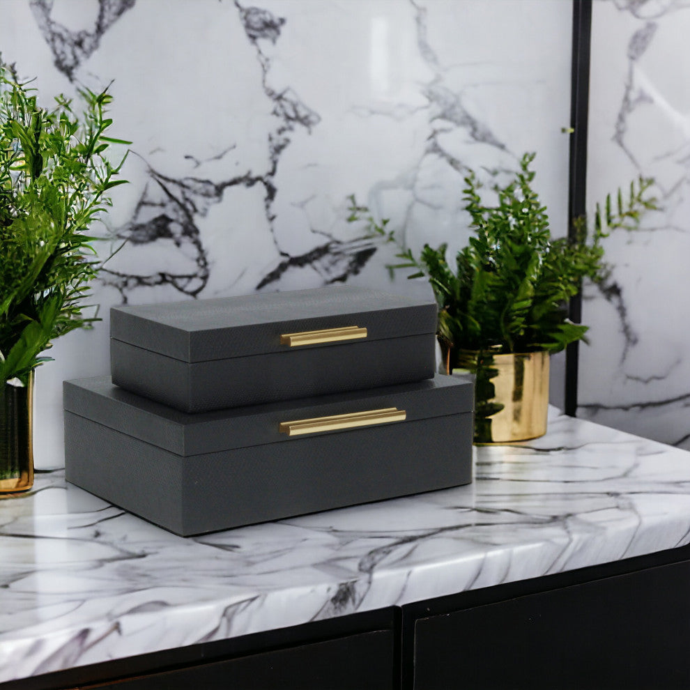 Lusan Rectangular Decorative Box Set, Black Faux Snakeskin
