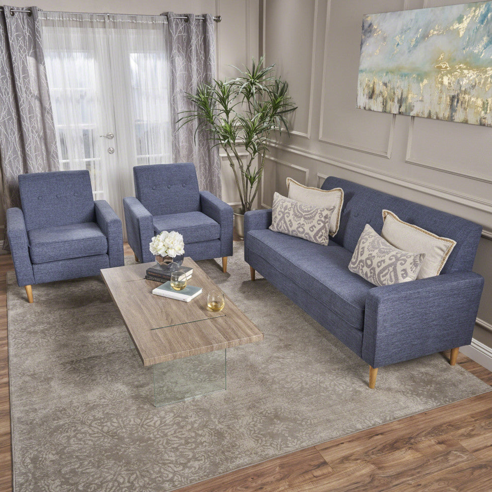 GDF Studio Stratford Mid Century Modern Fabric Sofa and Club Chairs Set, Dark Bl