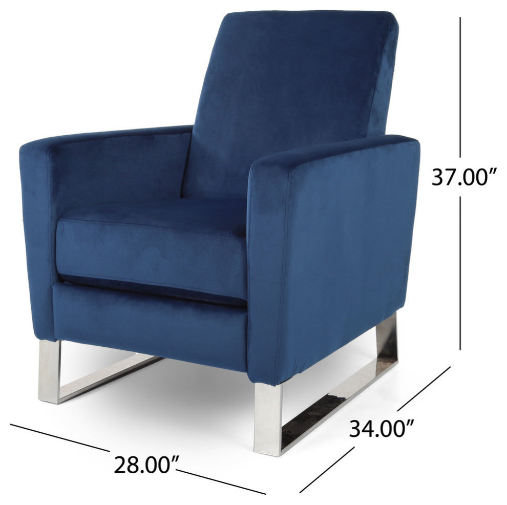 Arvin Velvet Push Back High Leg Recliner With Stainless Steel Legs, Cobalt