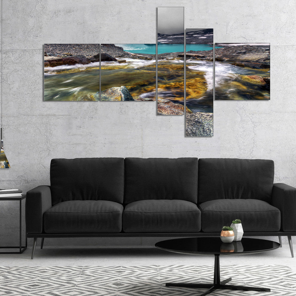Mountain Creek Flowing into Lake, Landscape Canvas Art, 60"x32", 5 panels