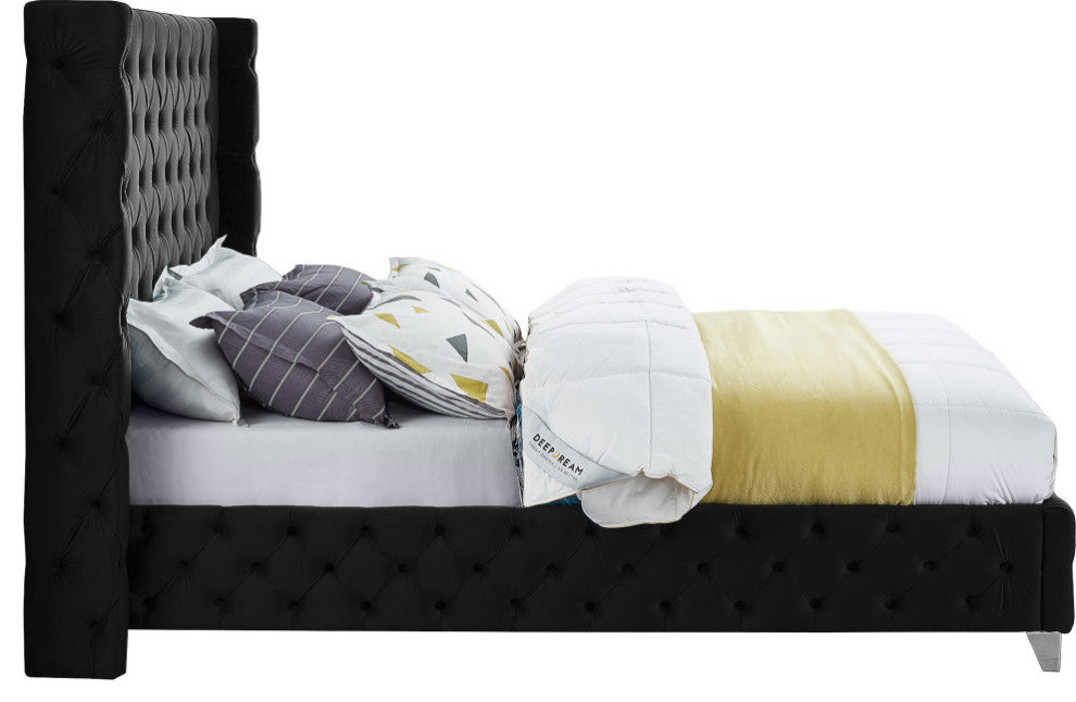 Savan Velvet Upholstered Bed, Black, Full