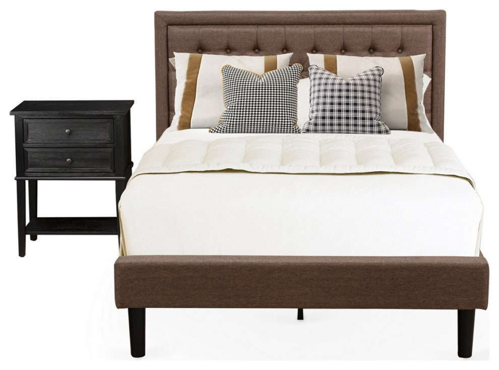 2 Pc Wooden Set, 1 Bed Frame Brown, 1 Nightstand, Black Finish Legs