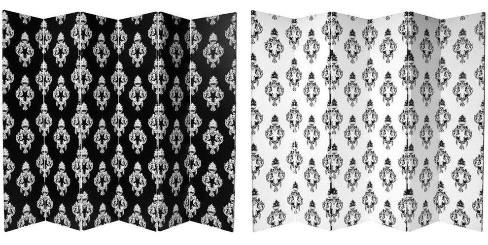 6' Tall Double Sided Black and White Damask Canvas Room Divider 6 Panel