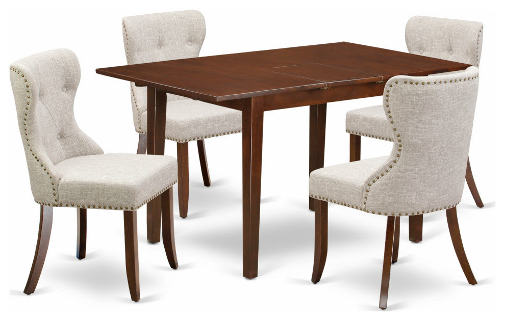 A Dining Set Of 4 Parson Chairs, 12" Butterfly Leaf Rectangle Table, Mahogany