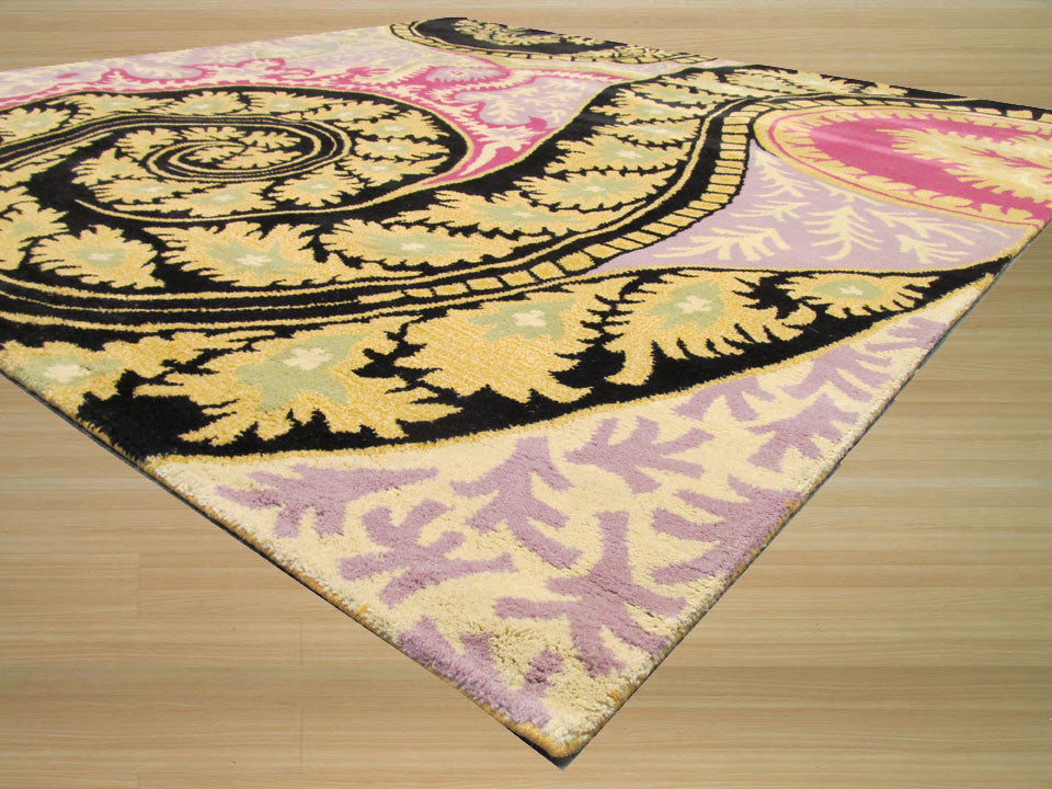 Hand-Tufted Wool Black Contemporary Abstract Paisley Rug, 7'9 Square