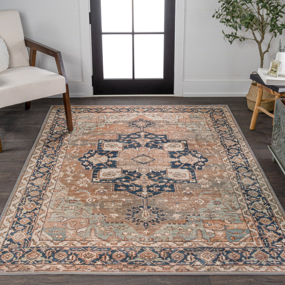 Maris Ornate Medallion Machine-Washable Beige/Blue 5 ft. x 8 ft. Area Rug