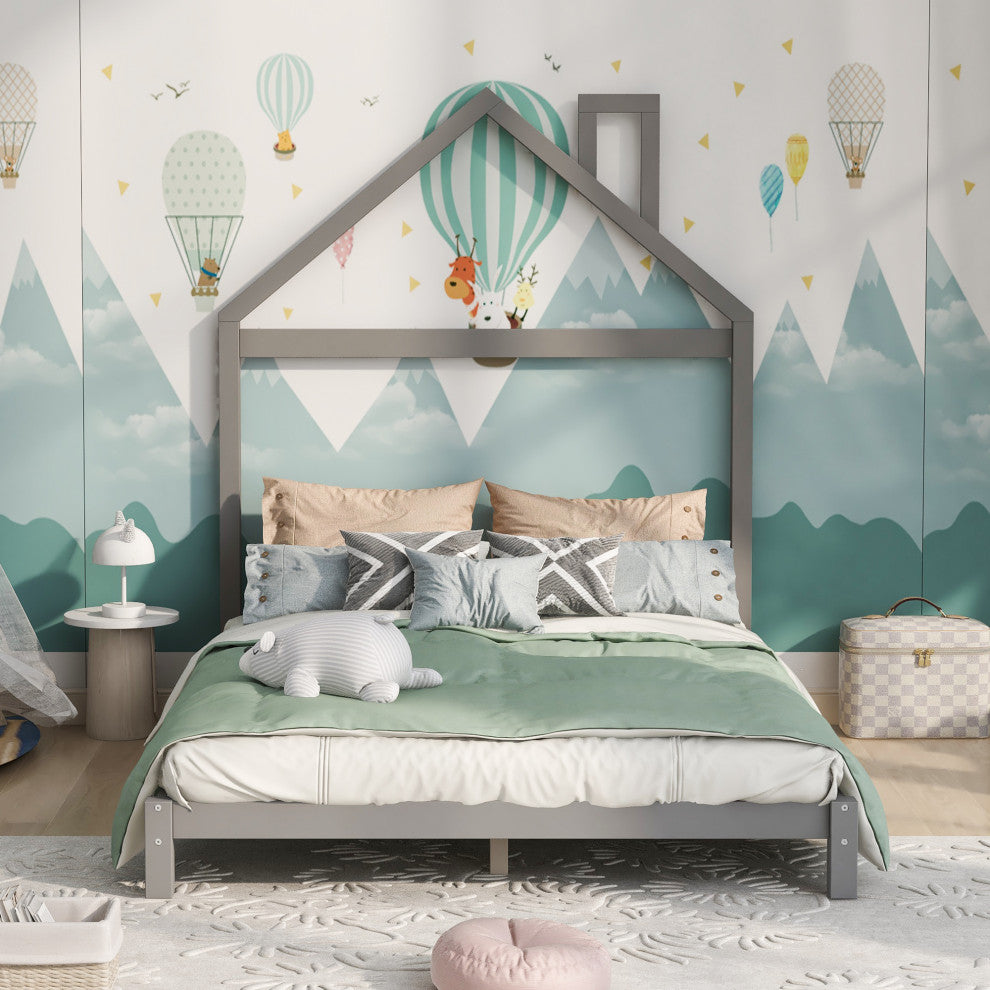 Gewnee Wood Full Size Platform Bed with House Shaped Headboard in Gray