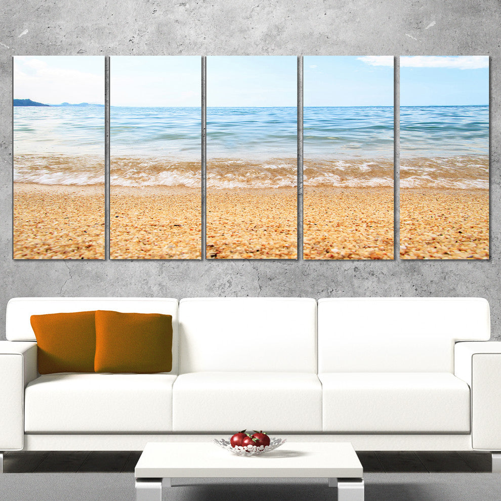 "Blue Seashore With Pebble Stones" Modern Seascape Wall Art, 5 Panels, 60"x28"