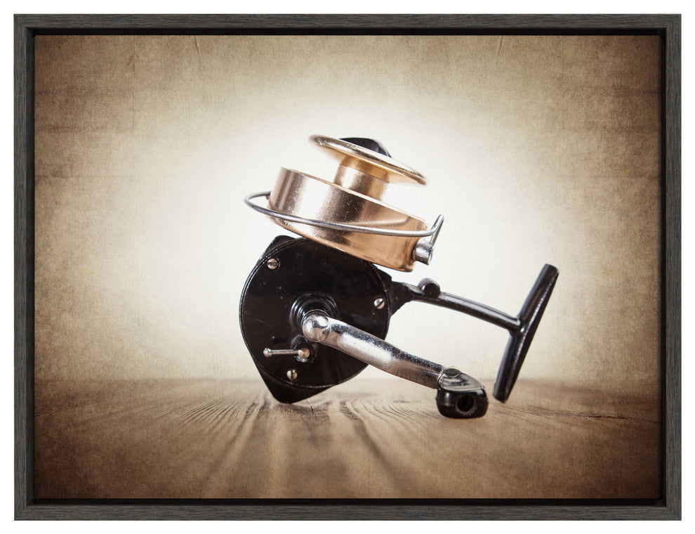 Sylvie Vintage FIshing Reel Framed Canvas by Shawn St. Peter<br>, Gray 18x24