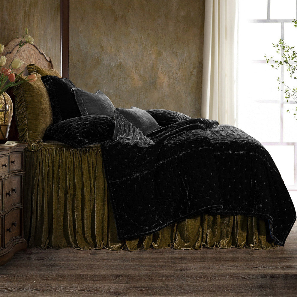 Stella Faux Silk Velvet Bedspread Set, 3PC, Green Ochre, Twin