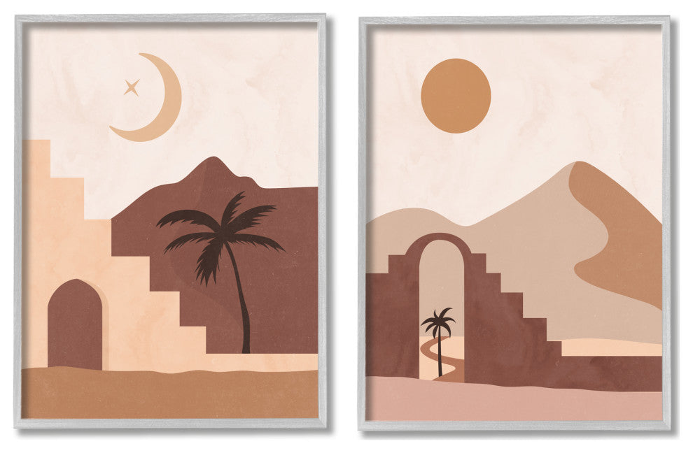 Desert Oasis Retreat Day Night Palm Dune Landscape, 2pc, each 11 x 14