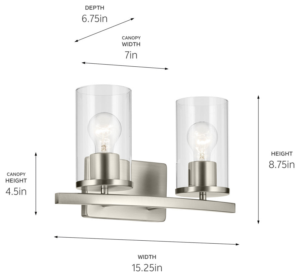 Crosby 15.25" 2-Light Vanity Light With Clear Glass, Brushed Nickel
