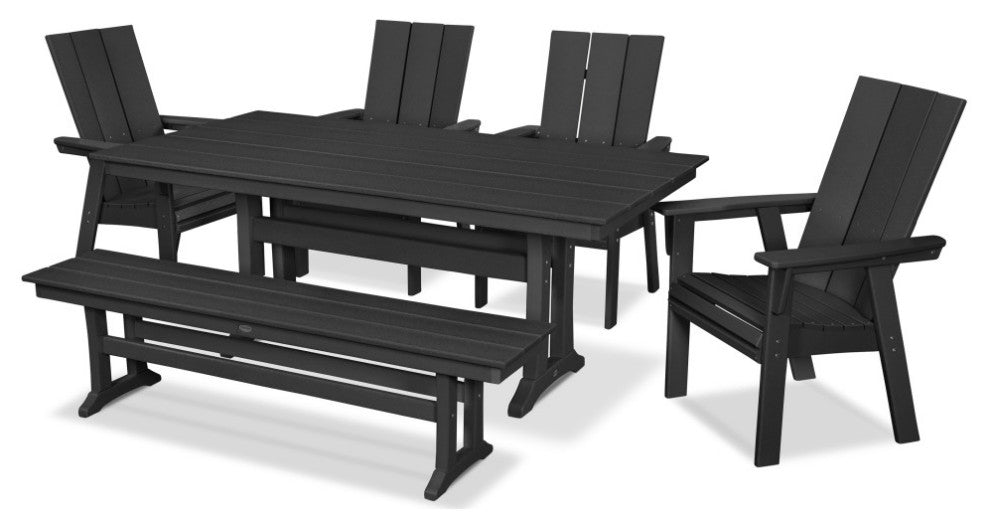 POLYWOOD Modern Adirondack 6-Piece Farmhouse Dining Set With Bench, Black