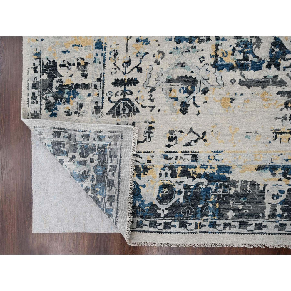 Ivory and Blue Hand Knotted Soft Wool Persian Design Oriental Rug  8'10"x12'