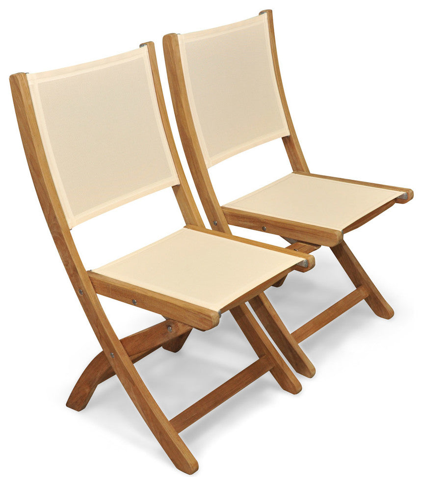 Teak Folding Providence Chair, Batyline Cream, Set of 2