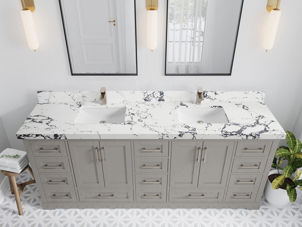 Boston 84" Double Sink Bath Vanity in Elephant Skin Gray 2" Viola Night