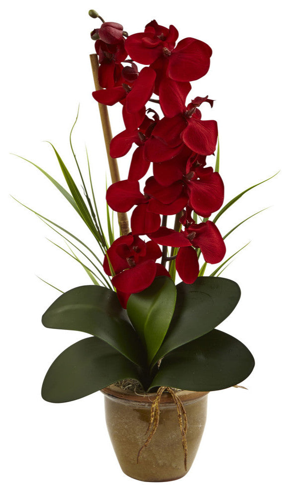 Phalaenopsis Orchid Silk Arrangement, Ceramic Vase, Red