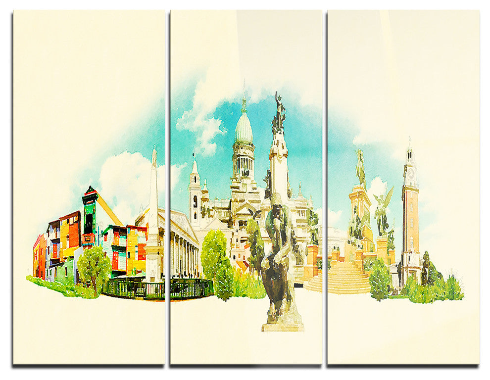 "Buenos Aires Panoramic View" Watercolor Metal Wall Art, 3 Panels, 36"x28"