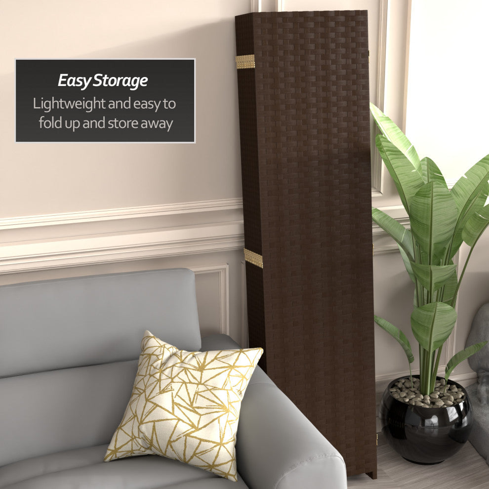 6' Tall Woven Fiber Room Divider, 8 Panel, Dark Mocha