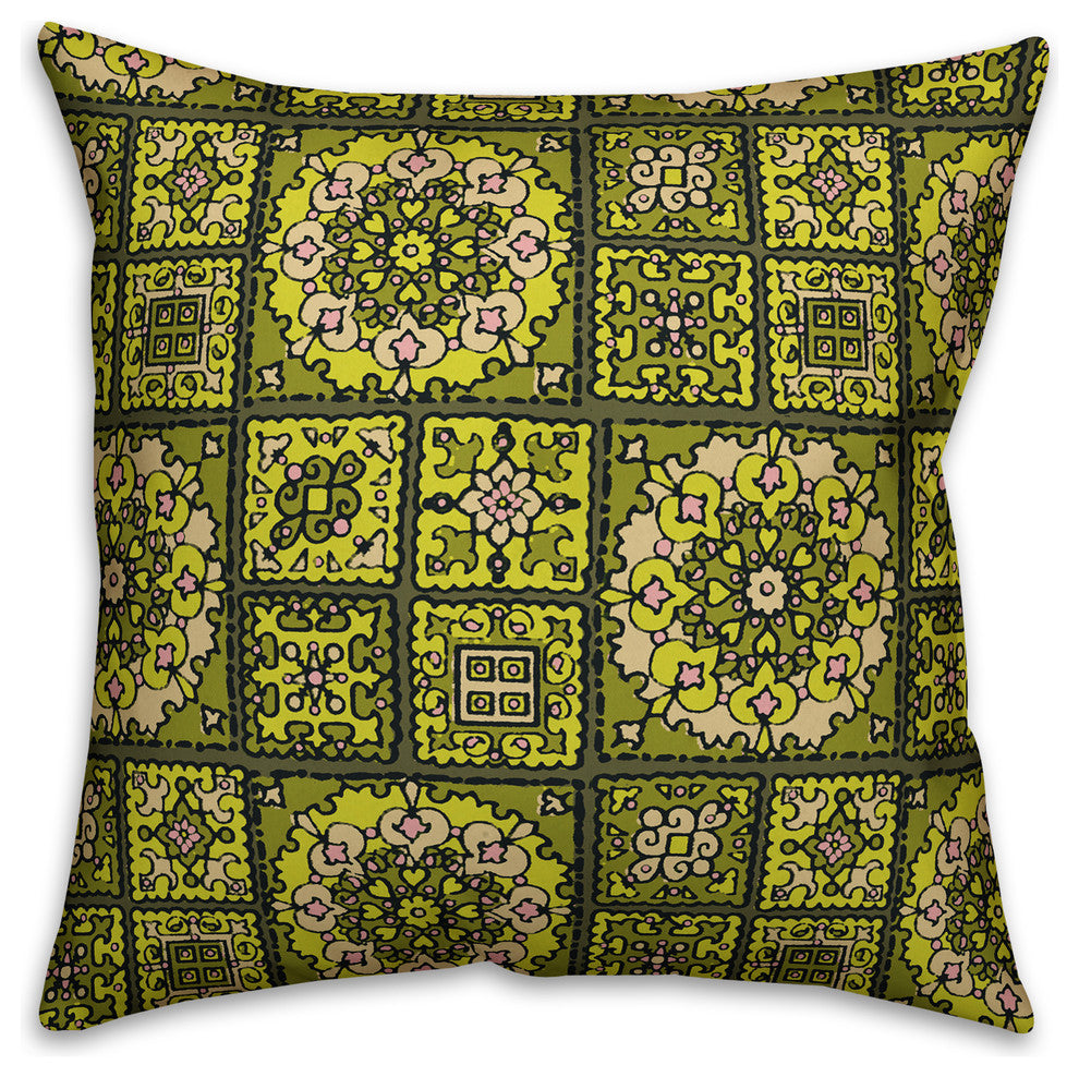 Patchwork Madala, Green Outdoor Throw Pillow, 16"x16"