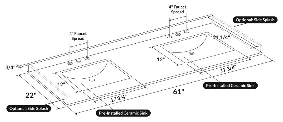 Cara White Vanity Top With Square Sink, 61"x22", 8" Faucet Spread