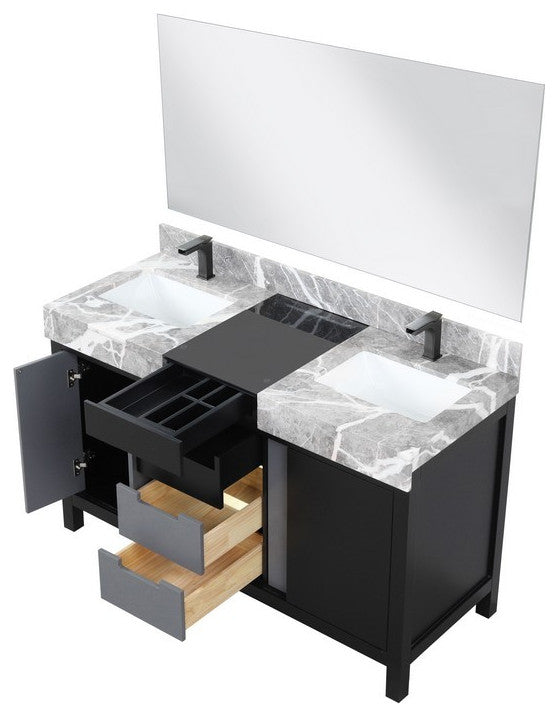 Zilara 55" Black and Grey Double Vanity Set, Balzani Gun Metal Faucet Sets