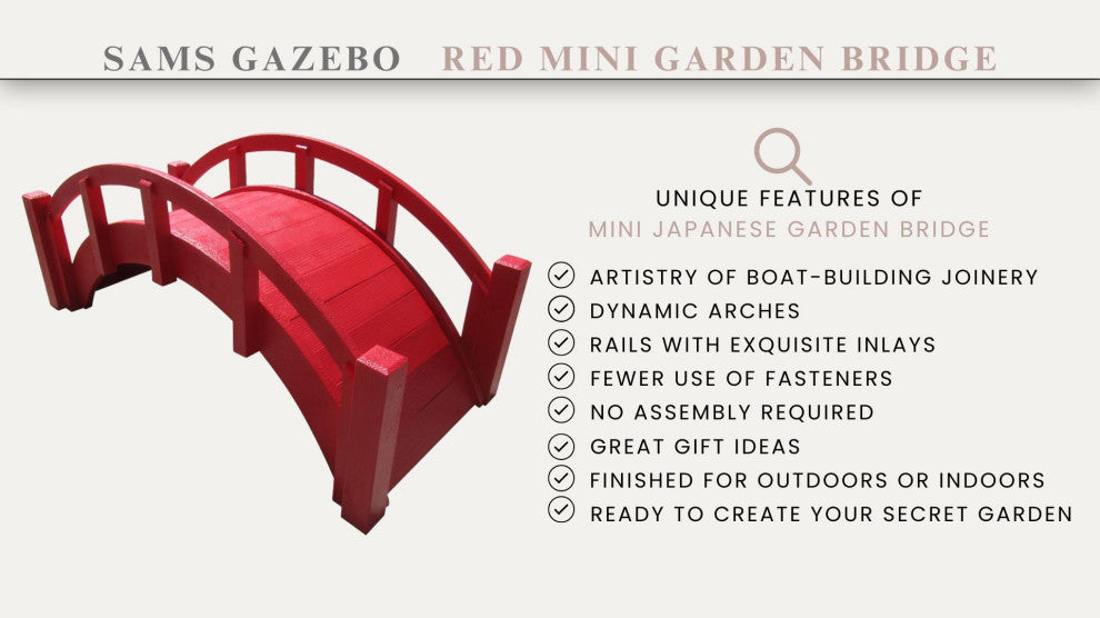 Miniature Red Japanese Wood Garden Bridge, 25", Assembled