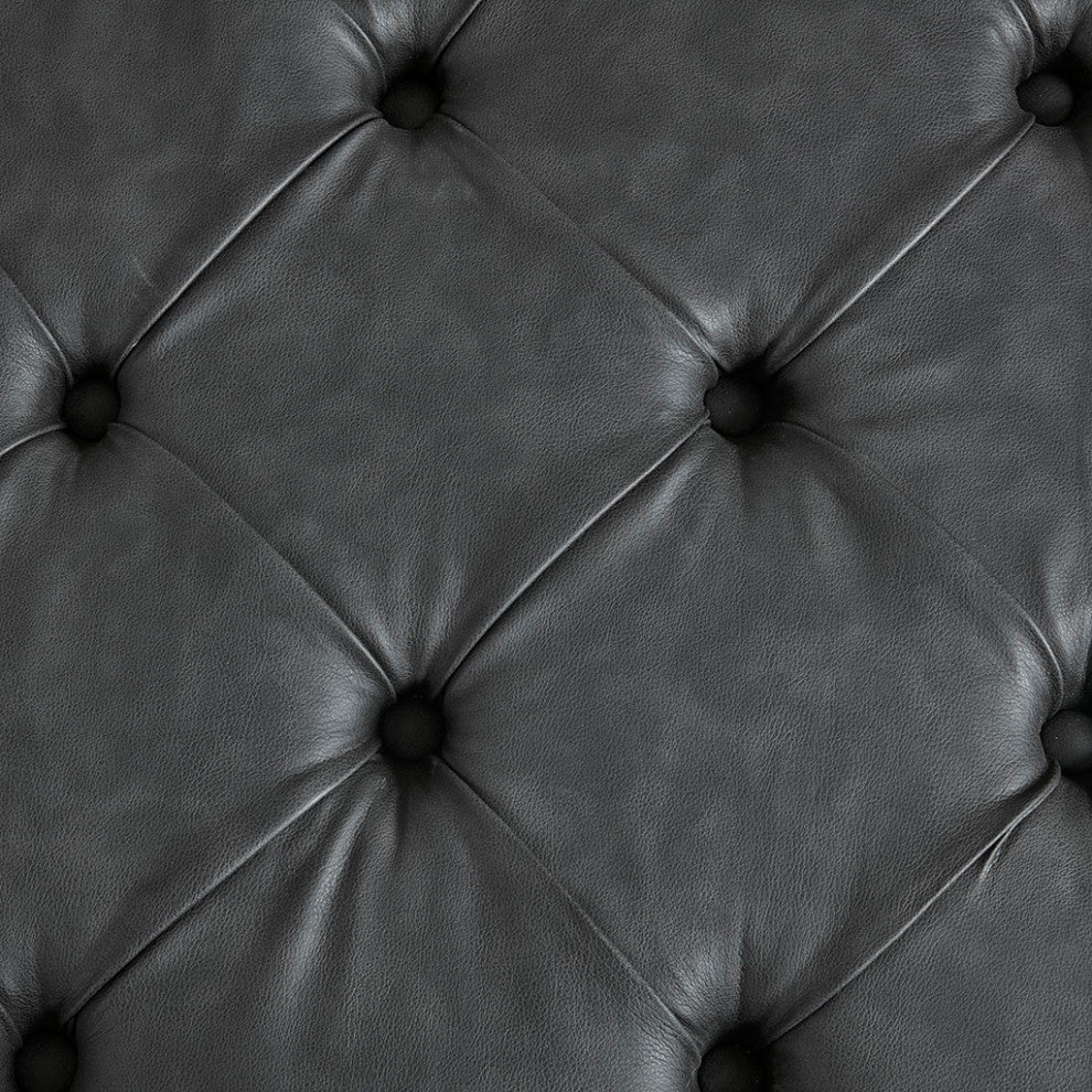 Madison Park Leathered Tufted Square Ottoman, Charcoal Grey
