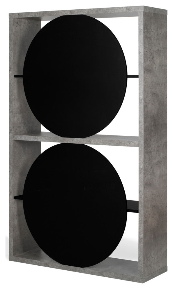 Zero Contemporary Unique Wood Book Shelf Display, Faux-Concrete/Pure Black