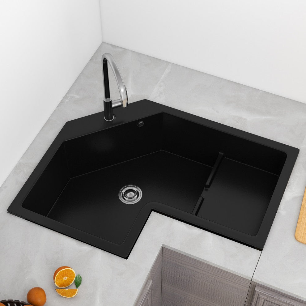 32" Modern Black Drop In Corner Kitchen Sink Single Bowl Quartz Irregular, Right Corner