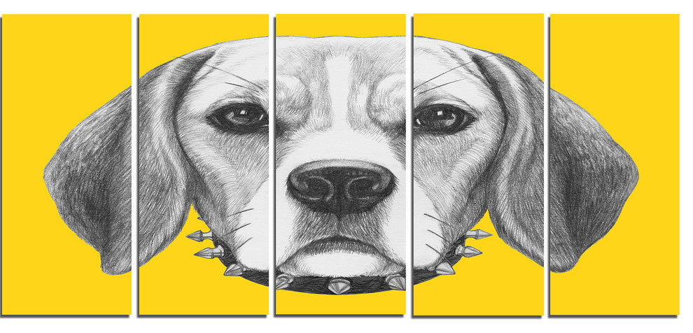 Funny Beagle Dog with Collar, Animal Canvas Art Print, 60"x28", 5 Panels