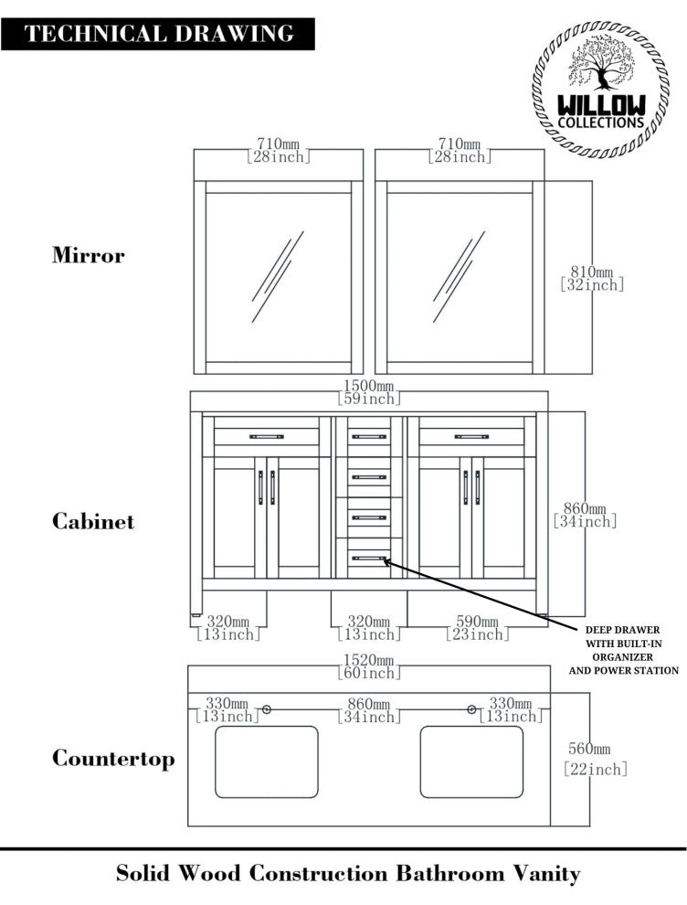 Cambridge 60 Double Bathroom Vanity in White 2" Empira Quartz