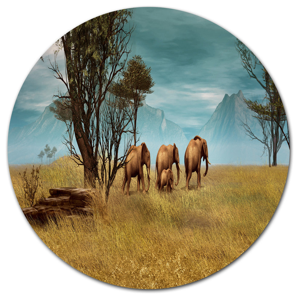 African Elephants Panorama, African Large Disc Metal Wall Art, 11"