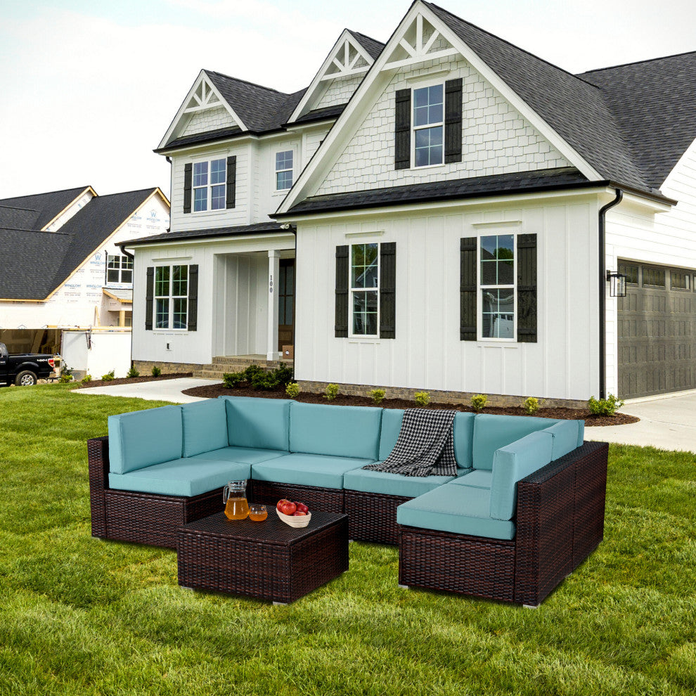 7-Piece Outdoor Wicker U-Shaped Patio Sofa Set with Table and Cushions, Teal Blue+brown