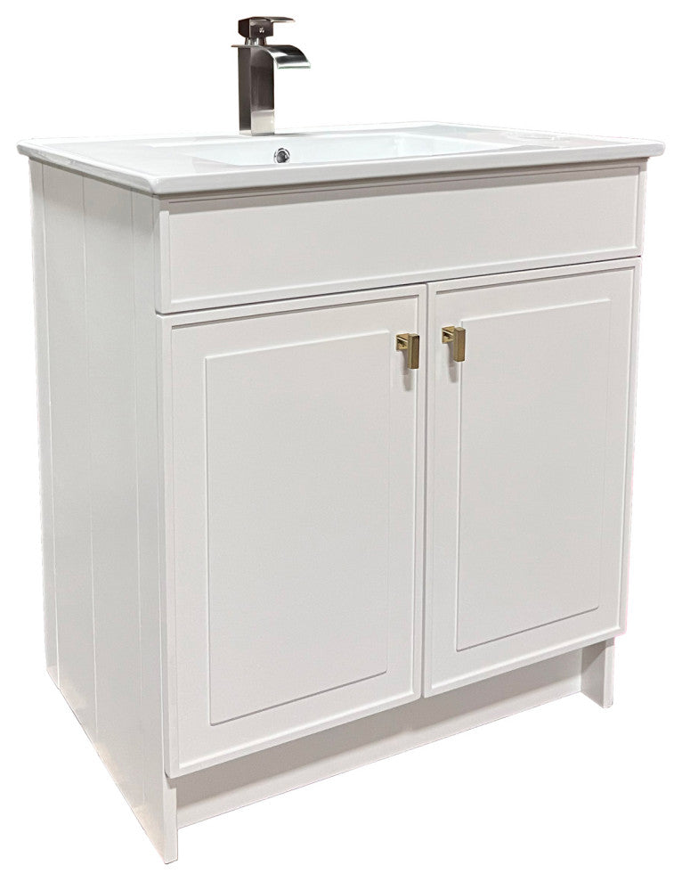 SmartFold 31" Single Sink Vanity, White With White Ceramic Top, Brushed Gold