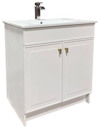 SmartFold 31" Single Sink Vanity, White With White Ceramic Top, Brushed Gold