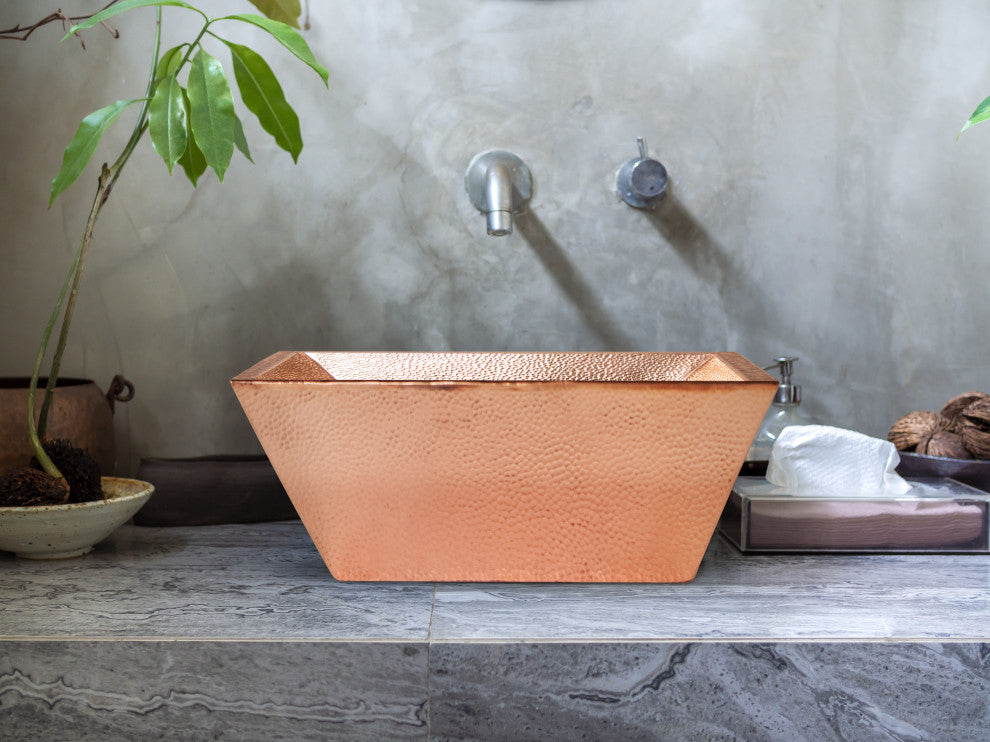 18" Rectangular Vessel Double Wall Hammered Copper Bathroom Sink, 17 Gauge