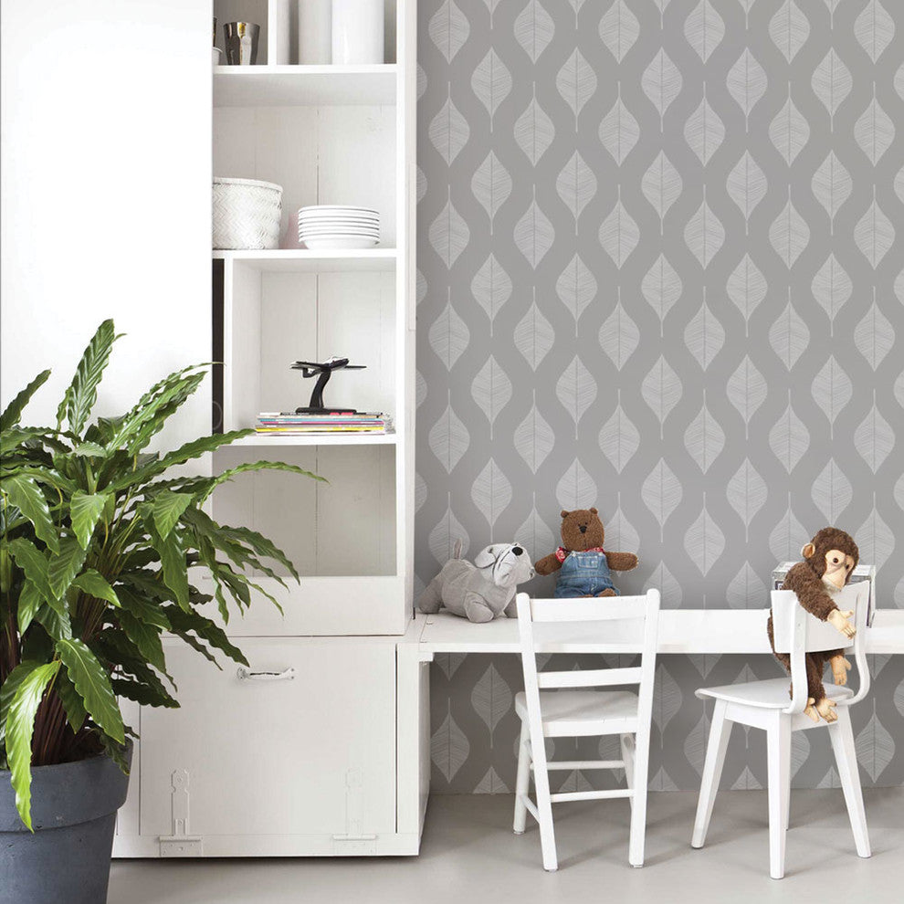 Line Leaves Peel and Stick Vinyl Wallpaper, Off White Cool Gray, 24"w X 108"h