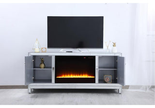 60" Mirrored Tv Stand With Crystal Fireplace Insert In Antique Silver