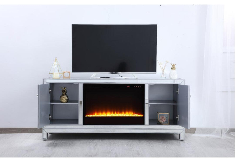 60" Mirrored Tv Stand With Crystal Fireplace Insert In Antique Silver