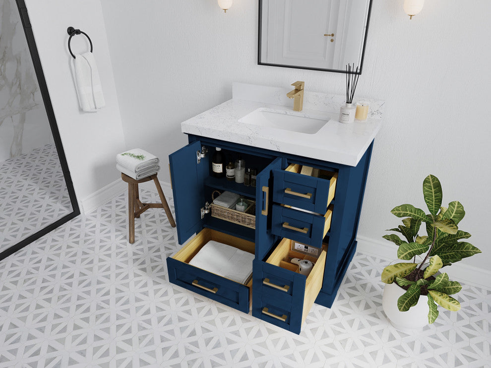 Boston 36" Center Sink Bath Vanity in Navy Blue 2" Viola Gold