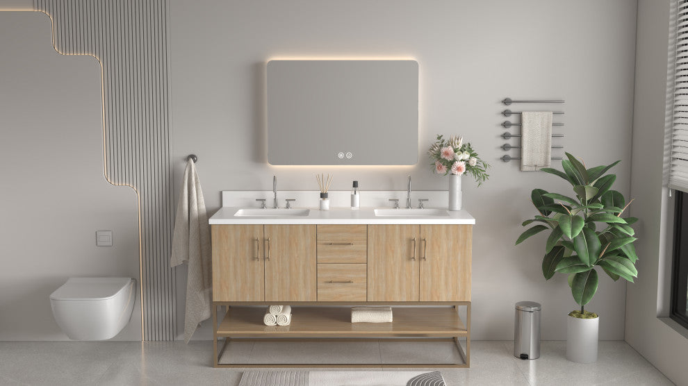 Light Oak Lima Bathroom Vanity With Open Shelf & Gold Leg Base, 60" Double Sink